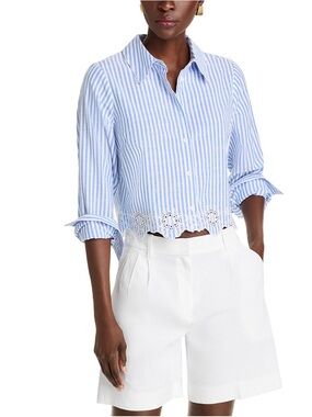 Aqua Blue and White Striped Eyelet-Hem Button-Down Shirt. Sz S